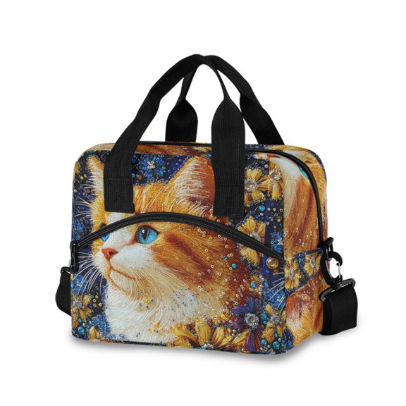 DIXRUYEE Lunch Bag Double Deck Lunch Cooler Box Tote Bag Fashion Bejeweled Cat Among Blooms Printed