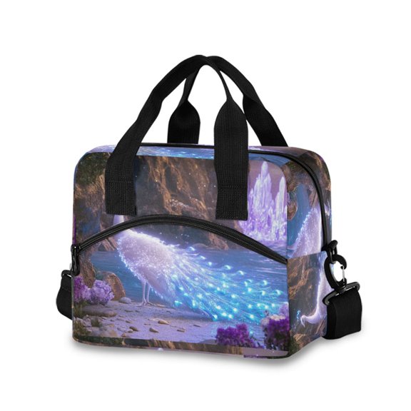 DIXRUYEE Lunch Bag Double Deck Lunch Tote Bag Fashion Fantasy Peacock Crystals Printed