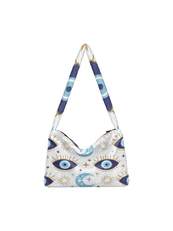 DIXRUYEE Magic Evil Eye Print Plush Shoulder Bag Soft Faux Fluffy Hobo Tote Bag With Zipper Closure Casual Lightweight Crossbody Handbag