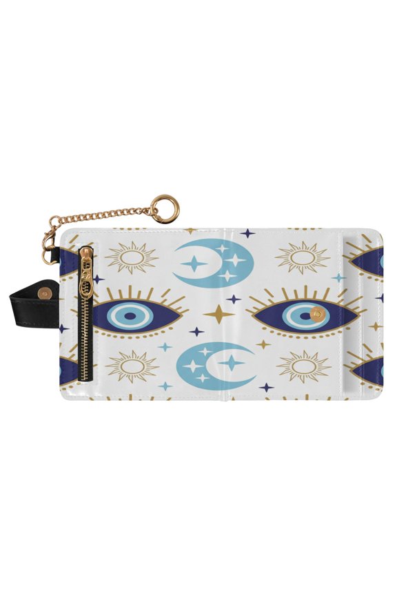 Magic Evil Eye Print RFID Blocking Womens PU Leather Wallet Small Foldable Card Holder Purse with Coin Zipper Pocket & Detachable Chain Wristlet