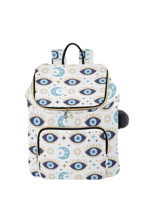 Magic Evil Eye Printed Quilted 14 Inch Laptop Backpack Multi-Pocket Lightweight Daypack with Pom Pom Charm