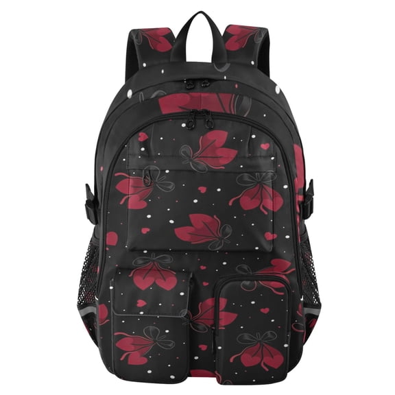 DIXRUYEE Midnight Red Bow Backpack for School 14Laptop Compatible with Reflective Safety Strips