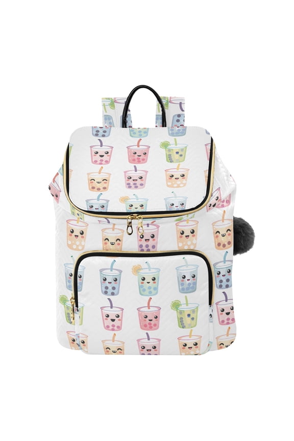 Milk Tea Smiling Face Printed Quilted 14 Inch Laptop Backpack Multi-Pocket Lightweight Daypack with Pom Pom Charm