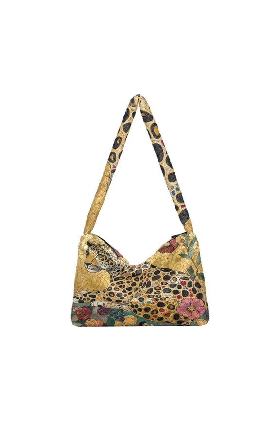 DIXRUYEE Mosaic Leopard Print Plush Shoulder Bag Soft Faux Fluffy Hobo Tote Bag With Zipper Closure Casual Lightweight Crossbody Handbag