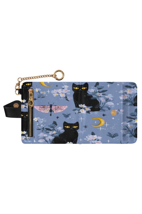 Moth Black Cat Pattern Print RFID Blocking Womens PU Leather Wallet Small Foldable Card Holder Purse with Coin Zipper Pocket & Detachable Chain Wristlet