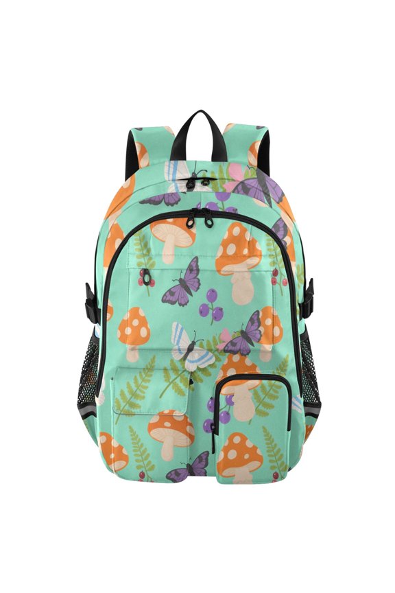 Mushroom Witch Moth Green Background Pattern Backpack for School 14Laptop Compatible with Reflective Safety Strips