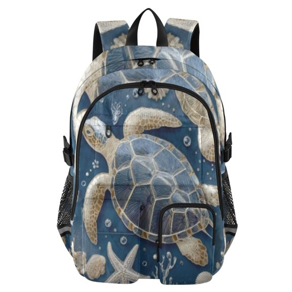 DIXRUYEE Navy Beaded Sea Turtle Backpack for School 14Laptop Compatible with Reflective Safety Strips