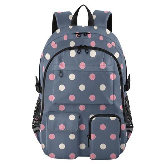 DIXRUYEE Navy Blue Pink and Cream Polka Dots Pattern Pattern Backpack for School 14”Laptop Compatible with Reflective Safety Strips