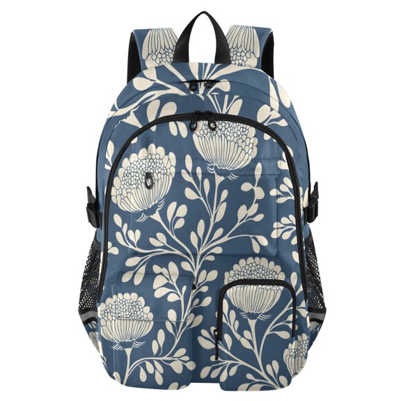DIXRUYEE Navy Cream Floral Pattern Backpack for School 14Laptop Compatible with Reflective Safety Strips