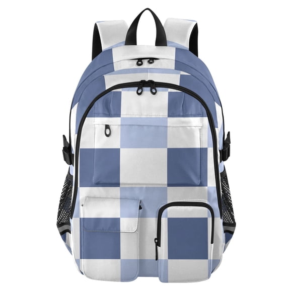 DIXRUYEE Navy Light Blue Check Pattern Backpack for School 14Laptop Compatible with Reflective Safety Strips
