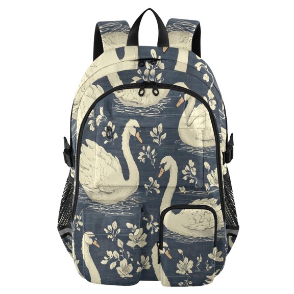 DIXRUYEE Navy Swan Floral Pattern Backpack for School 14Laptop Compatible with Reflective Safety Strips