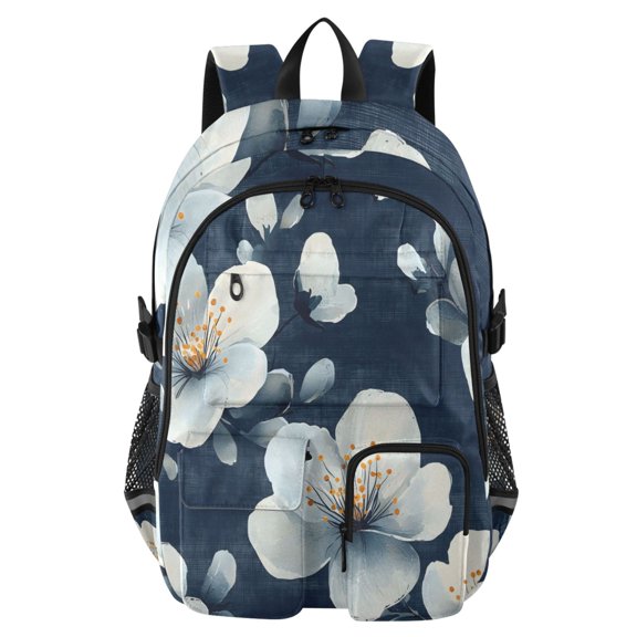 DIXRUYEE Navy White Flower Pattern Backpack for School 14”Laptop Compatible with Reflective Safety Strips