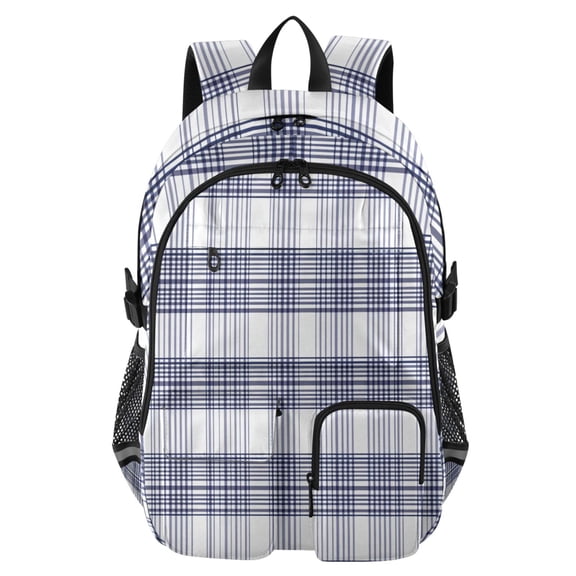 DIXRUYEE Navy White Plaid Pattern Backpack for School 14”Laptop Compatible with Reflective Safety Strips