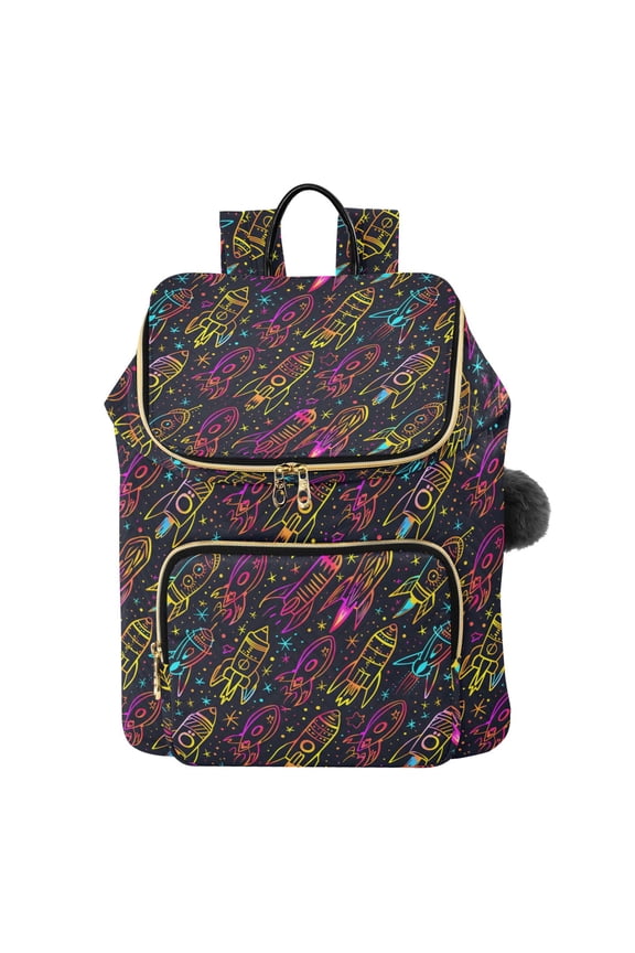 Neon Rocket Star Doodle Printed Quilted 14 Inch Laptop Backpack Multi-Pocket Lightweight Daypack with Pom Pom Charm