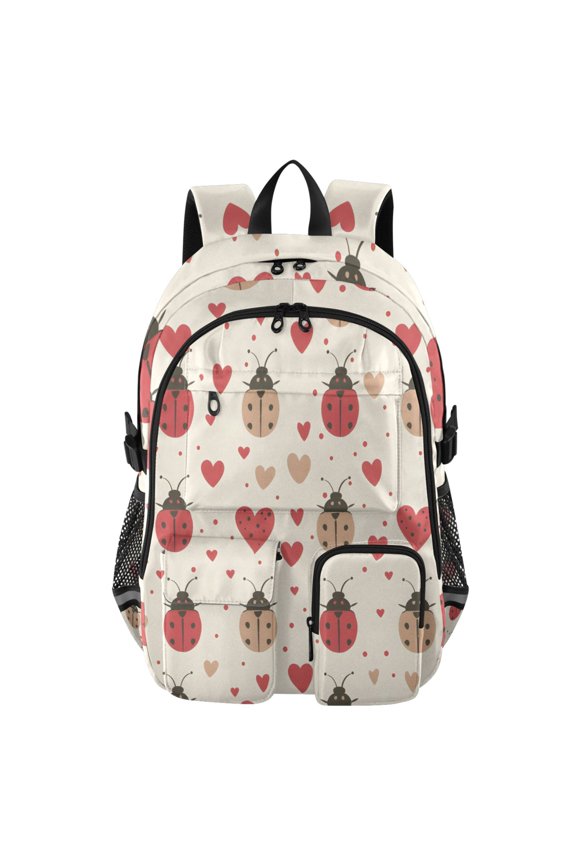 Off-white Red Ladybug Heart Pattern Backpack for School 14Laptop Compatible with Reflective Safety Strips