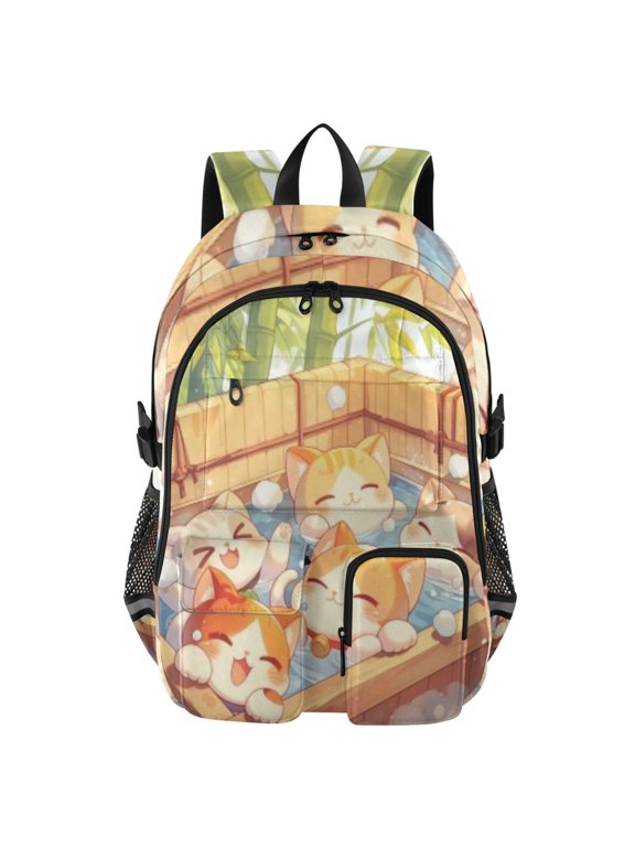 Onsen Cats Bubbles Backpack for School 14Laptop Compatible with Reflective Safety Strips