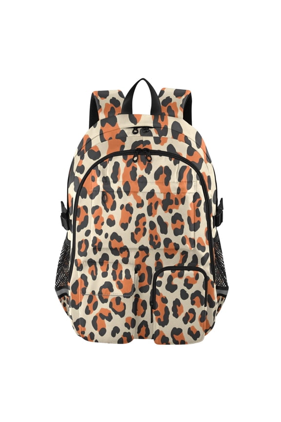 Orange Leopard Pattern Backpack for School 14Laptop Compatible with Reflective Safety Strips