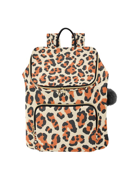 Orange Leopard Pattern Printed Quilted 14 Inch Laptop Backpack Multi-Pocket Lightweight Daypack with Pom Pom Charm