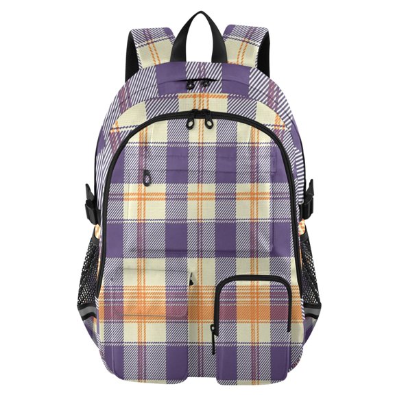 DIXRUYEE Orange Navy Tartan Pattern Backpack for School 14”Laptop Compatible with Reflective Safety Strips