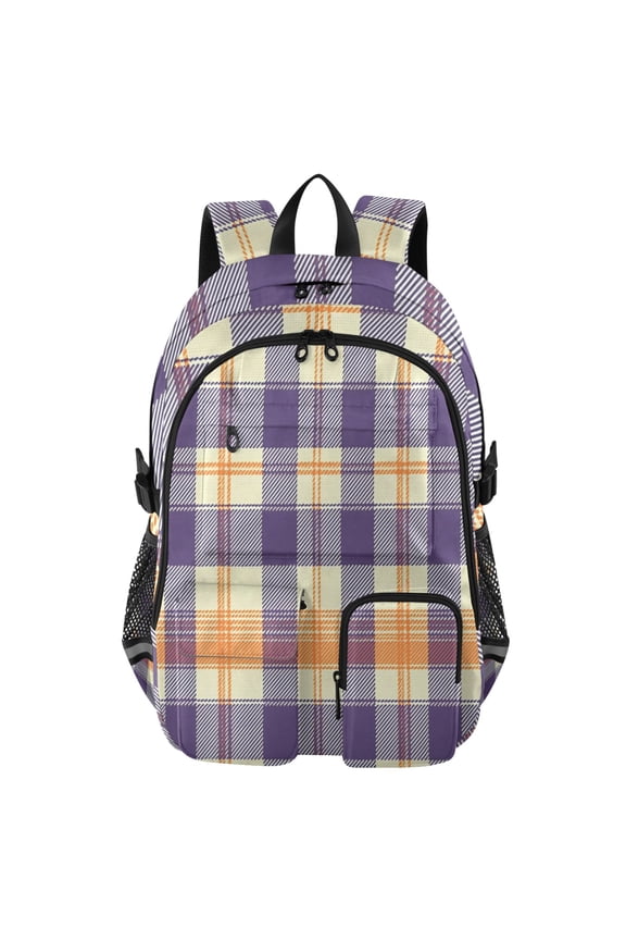 Orange Navy Tartan Pattern Backpack for School 14Laptop Compatible with Reflective Safety Strips