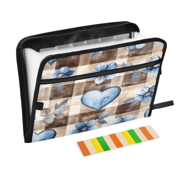 DIXRUYEE Organ Folders Expanding Folder with Color Label 13 Pocket Blue Floral Hearts on Check Printed