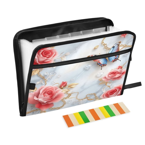 DIXRUYEE Organ Folders Expanding Folder with Color Label 13 Pocket Butterfly Among Blushing Roses Printed
