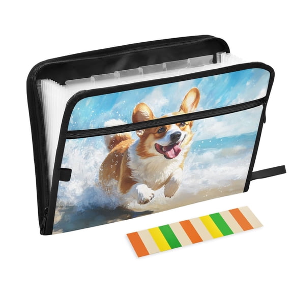 DIXRUYEE Organ Folders Expanding Folder with Color Label 13 Pocket Corgi Play on The Beach Printed
