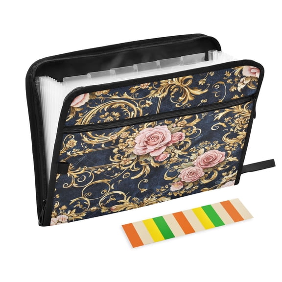 DIXRUYEE Organ Folders Expanding Folder with Color Label 13 Pocket Floral Pink Roses Gold Filigree Printed