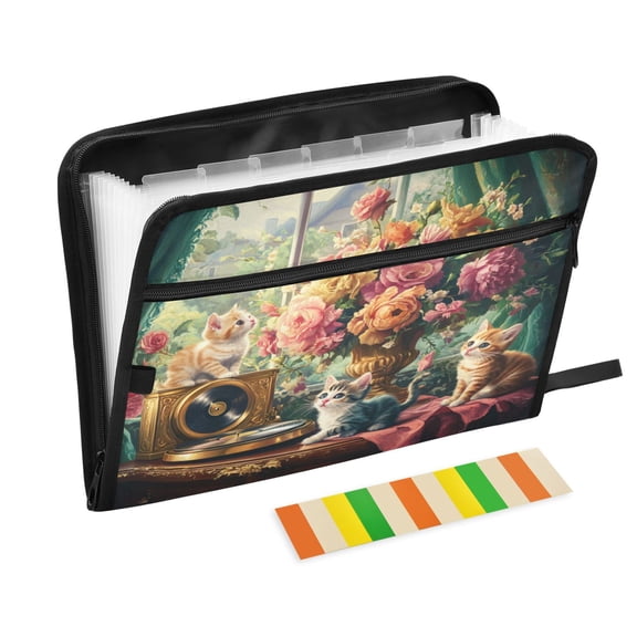DIXRUYEE Organ Folders Expanding Folder with Color Label 13 Pocket Kittens Gramophone and Flowers Printed