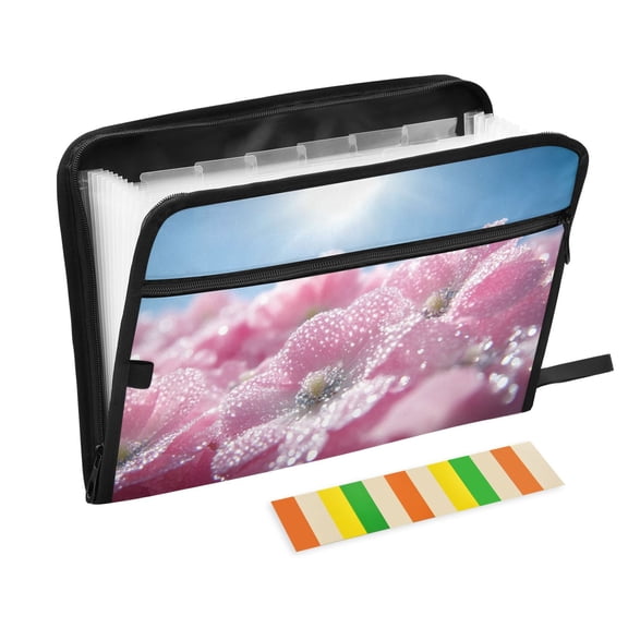 DIXRUYEE Organ Folders Expanding Folder with Color Label 13 Pocket Pink Flowers with Dewdrops Printed