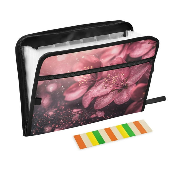 DIXRUYEE Organ Folders Expanding Folder with Color Label 13 Pocket Pink Glittery Flowers Printed