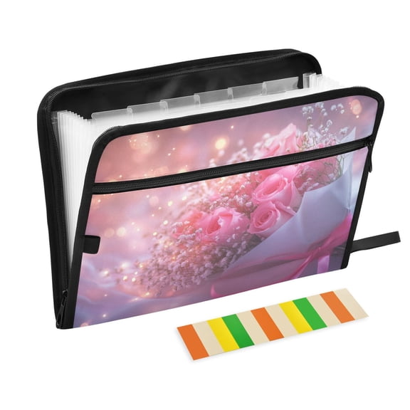 DIXRUYEE Organ Folders Expanding Folder with Color Label 13 Pocket Pink Roses Bouquet with Lights Printed