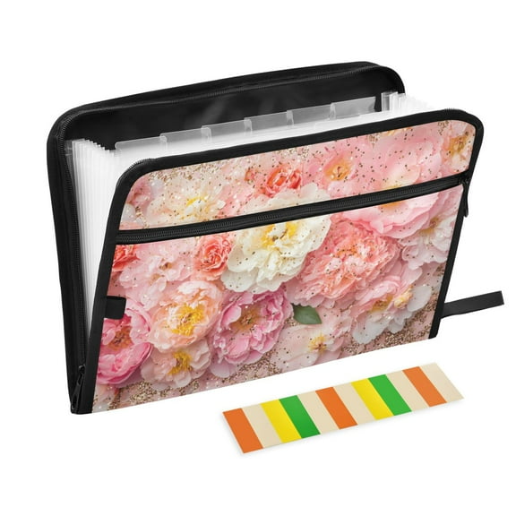 DIXRUYEE Organ Folders Expanding Folder with Color Label 13 Pocket Pink and White Flowers Glitter Printed