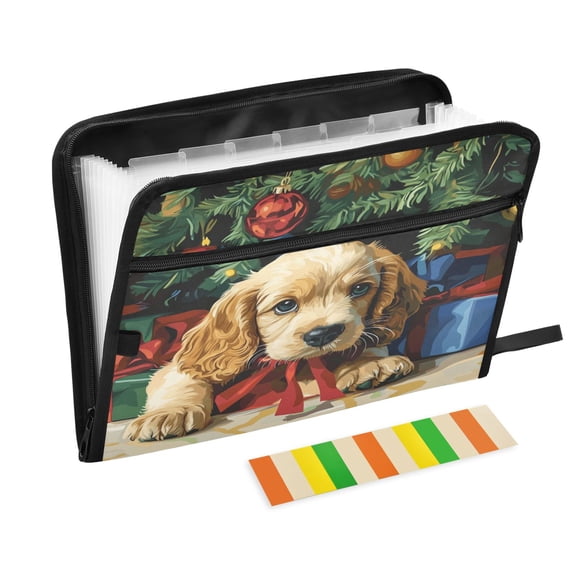DIXRUYEE Organ Folders Expanding Folder with Color Label 13 Pocket Puppy under Christmas Tree Printed