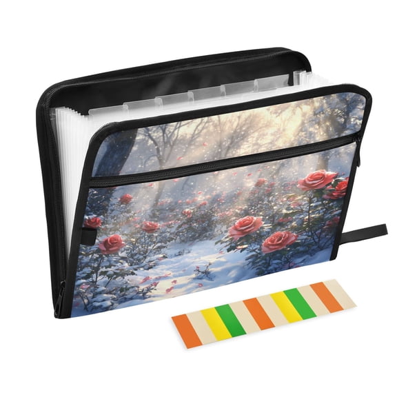 DIXRUYEE Organ Folders Expanding Folder with Color Label 13 Pocket Roses Blooming in Snowy Forest Printed