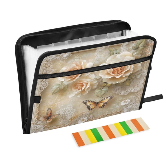 DIXRUYEE Organ Folders Expanding Folder with Color Label 13 Pocket Roses and Butterflies with Lace Printed