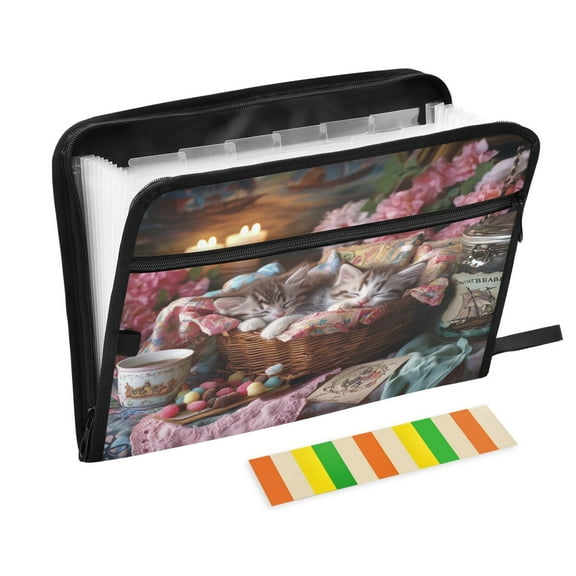DIXRUYEE Organ Folders Expanding Folder with Color Label 13 Pocket Sleeping Kittens in Wicker Basket Printed