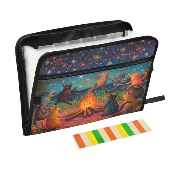 DIXRUYEE Organ Folders Expanding Folder with Color Label 13 Pocket Starry Cat Gathering Around The Fire Printed