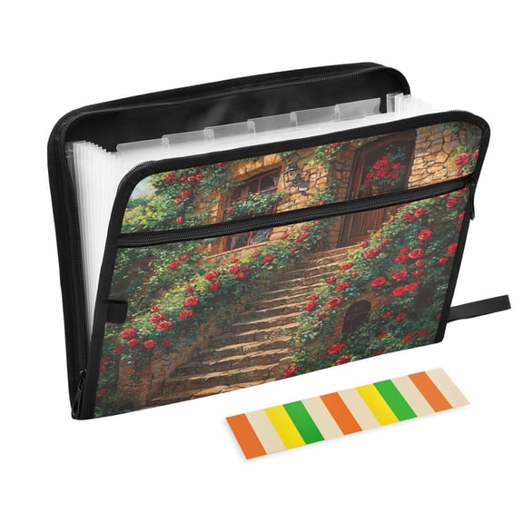 DIXRUYEE Organ Folders Expanding Folder with Color Label 13 Pocket Stone Steps with Red Roses Printed