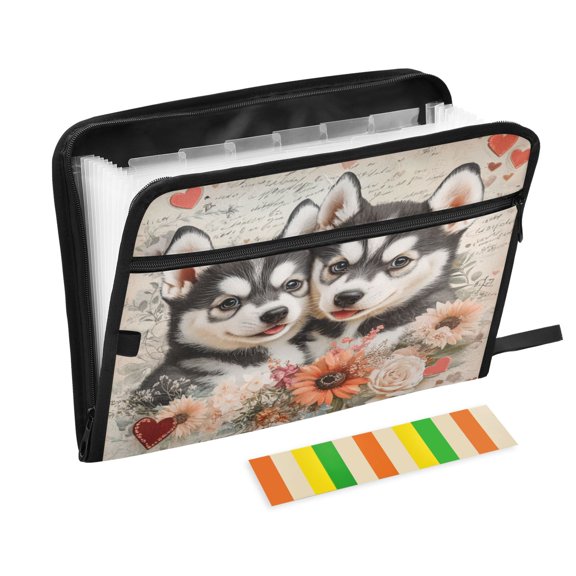 DIXRUYEE Organ Folders Expanding Folder with Color Label 13 Pocket Two Puppies with Flowers Printed