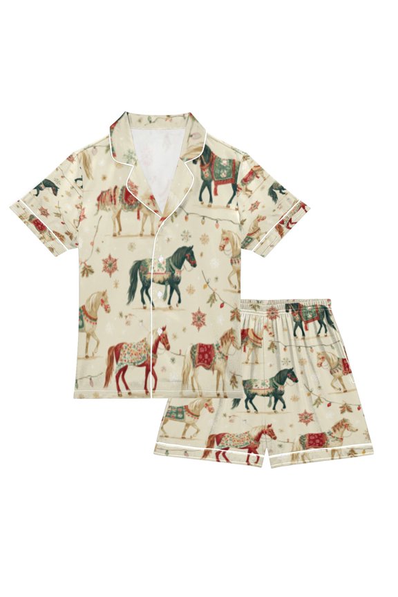 DIXRUYEE Pajamas Set Soft Button-Down Top with Shorts 2 Piece PJS-Carousel Horses