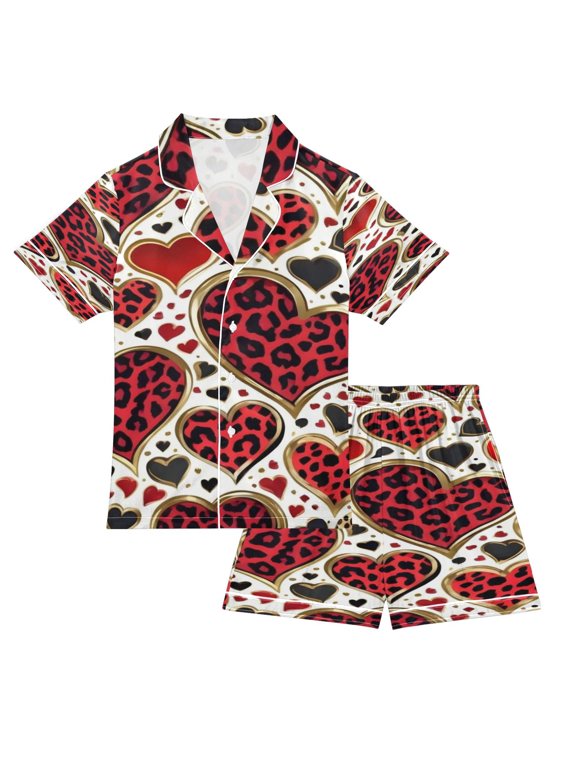 DIXRUYEE Pajamas Set Soft Button-Down Top with Shorts 2 Piece PJS-Leopard Heart Edgy Print
