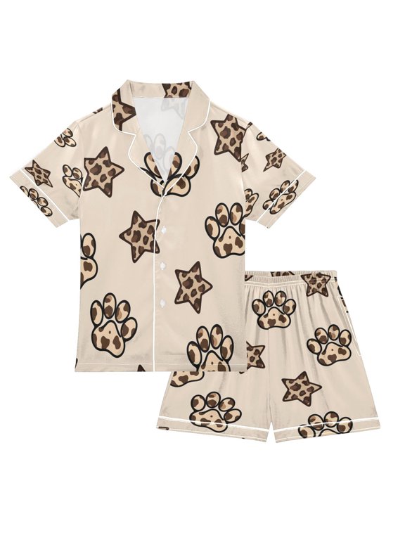 DIXRUYEE Pajamas Set Soft Button-Down Top with Shorts 2 Piece PJS-Leopard Paw Prints