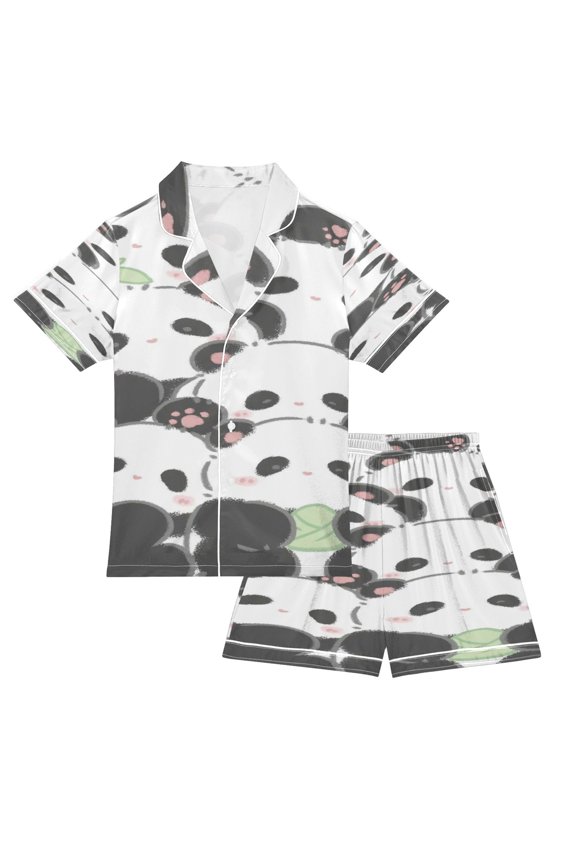DIXRUYEE Pajamas Set Soft Button-Down Top with Shorts 2 Piece PJS-Panda Group Carnival