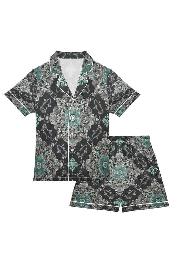 DIXRUYEE Pajamas Set Soft Button-Down Top with Shorts 2 Piece PJS-Turquoise Moroccan Tile