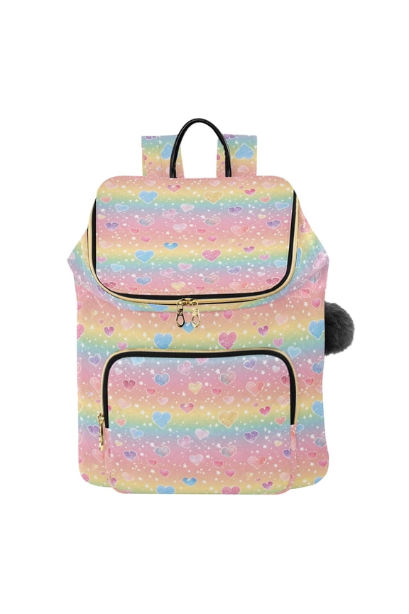 Pastel Rainbow Girly Glitter and Hearts Seamless Pattern Printed Quilted 14 Inch Laptop Backpack Multi-Pocket Lightweight Daypack with Pom Pom Charm