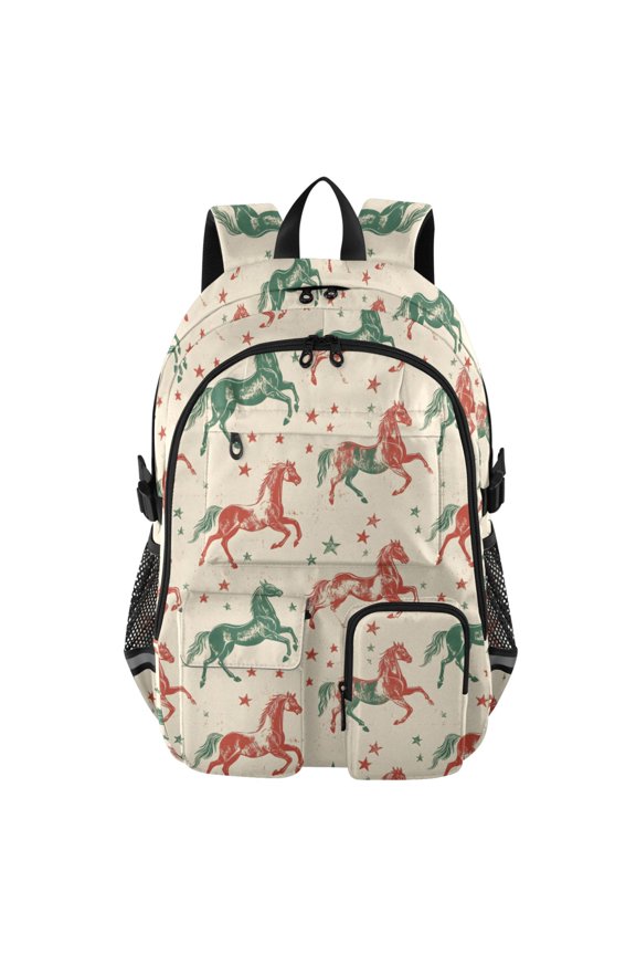 Pattern Horses Stars Pattern Backpack for School 14”Laptop Compatible with Reflective Safety Strips