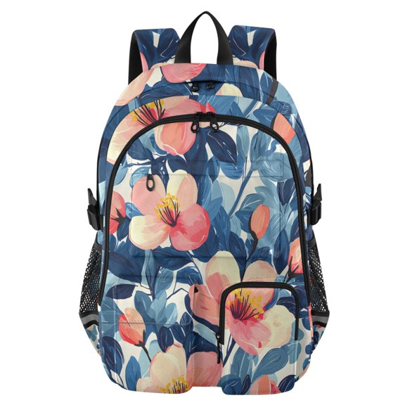 DIXRUYEE Peach Blossom Blue Leaf Pattern Backpack for School 14Laptop Compatible with Reflective Safety Strips