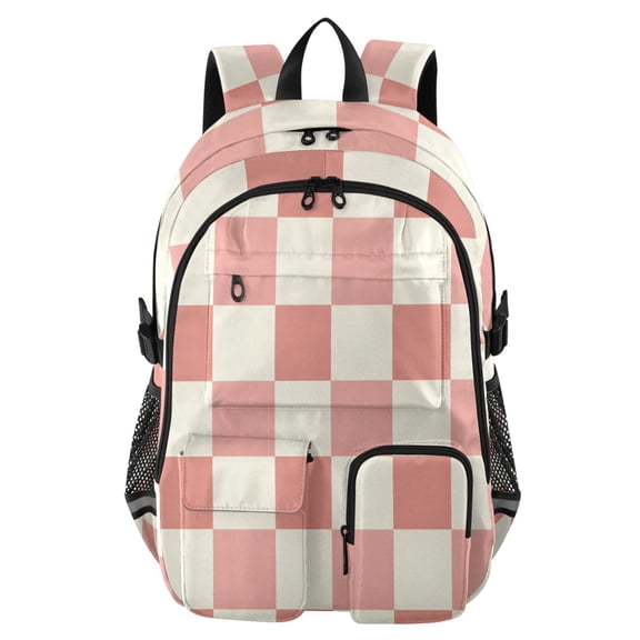 DIXRUYEE Peach Cream Check Pattern Backpack for School 14Laptop Compatible with Reflective Safety Strips