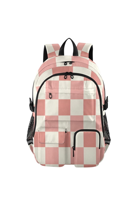 Peach Cream Check Pattern Backpack for School 14Laptop Compatible with Reflective Safety Strips